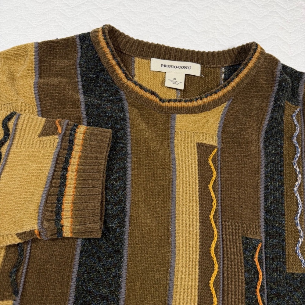 Pronto Uomo Mens Sweater XL Abstract Geometric Textured Knit Brown Grandpacore